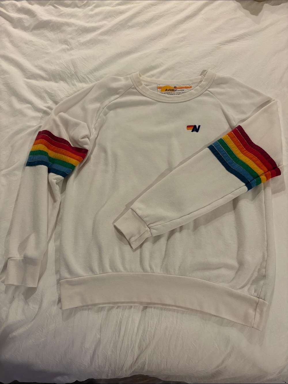 Aviator Nation White Pullover Sweatshirt with Rainbow Sleeve Stripes